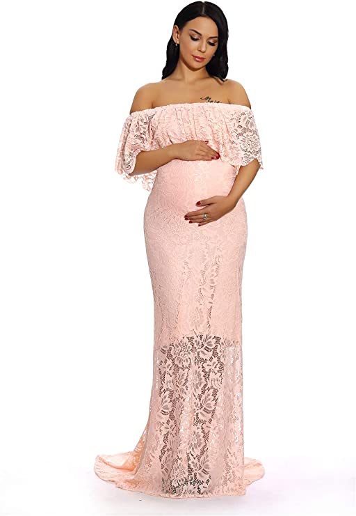 Photo 1 of ZIUMUDY Women's Off Shoulder Ruffles Lace Maternity Gown Maxi Photography Baby Shower Dress
M 