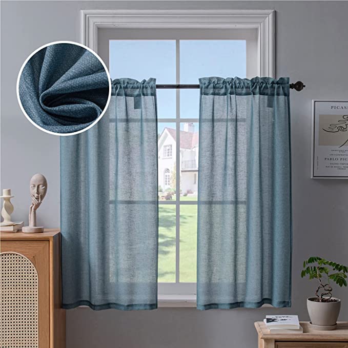 Photo 1 of Beda Home Linen Textured Curtain Panels for Kitchen; Light Filtering Short Panels for Small Windows Bedroom/Bathroom/Basement Privacy Added Rod Pocket Design (Blue, 26x45x2PCs)
