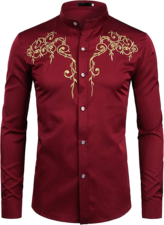 Photo 1 of ZEROYAA Men's Floral Embroidery Slim Fit Long Sleeve Band Collar Dress Shirts
SIZE M 