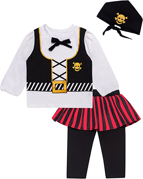 Photo 1 of 3PC Toddler Baby Girl Outfits Halloween Costume Stripe Skirt Kid Pirate Long Sleeve with Head Scarf
SIZE 12 -18 M 
