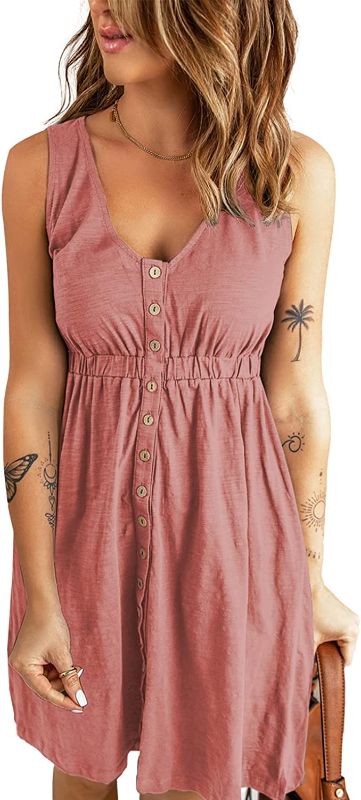 Photo 1 of BLENCOT Women's Casual V Neck Sleeveless Button Down Dress Summer Elastic Waist A-Line Swing Tank Dresses
M 