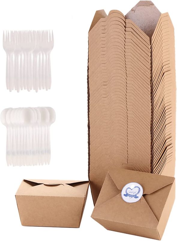 Photo 1 of 50pack WONNKIT Take Out food containers Kraft Brown take out boxes 30oz 50oz 70oz Microwable disposable containers Leak and Grease Resistant food to go containers for restaurants cartering
