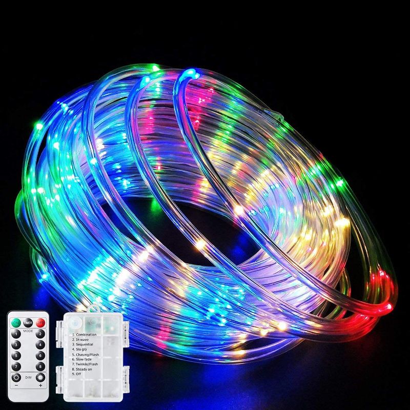 Photo 1 of LED Rope Lights Battery Powered String Lights with Remote Control 40Ft 120 LEDs 8 Modes Color Changing Indoor Outdoor Waterproof Strip Fairy Lights for Garden Christmas Party Holiday Decoration 1 Pack
