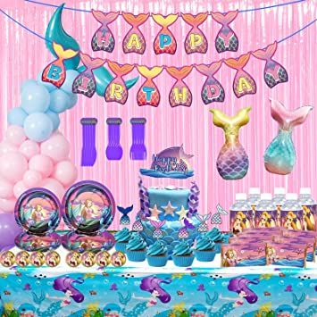 Photo 1 of 197PCS Mermaid Birthday Decorations,Mermaid Theme Party Supplies Set include Balloons Set,Happy Birthday Banner,Tablecloth,Plates,Utensils,Cake and CupcakeToppers,Chocolate Stickers,Bottle Labels,Pink Foil Curtain