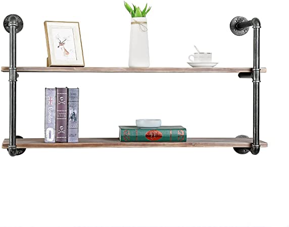 Photo 1 of (2 Tier - 42in) Industrial Pipe Shelving, Industrial Floating Shelves, 100% Pine Solid Wood, Galvanized Steel
