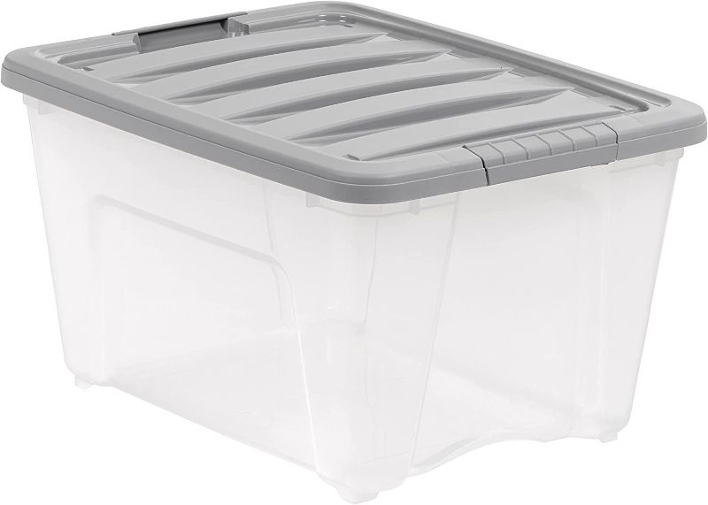 Photo 1 of Amazon Basics 32 Quart Stackable Plastic Storage Bin with Latching Lid- Clear/ Grey ONLY 2