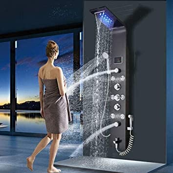 Photo 1 of AlenArt Wall Mount Stainless Steel LED Shower Panel Tower System, Rainfall Waterfall Shower Head, Hydroelectricity Display with Massage Jets,Black…
