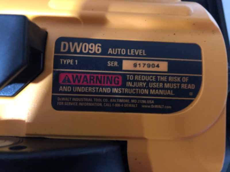 Photo 4 of ***UNTESTED - SEE NOTES***
DEWALT DW096PK 26X Automatic Optical Level Kit with Tripod, Rod, and Carrying Case , Yellow