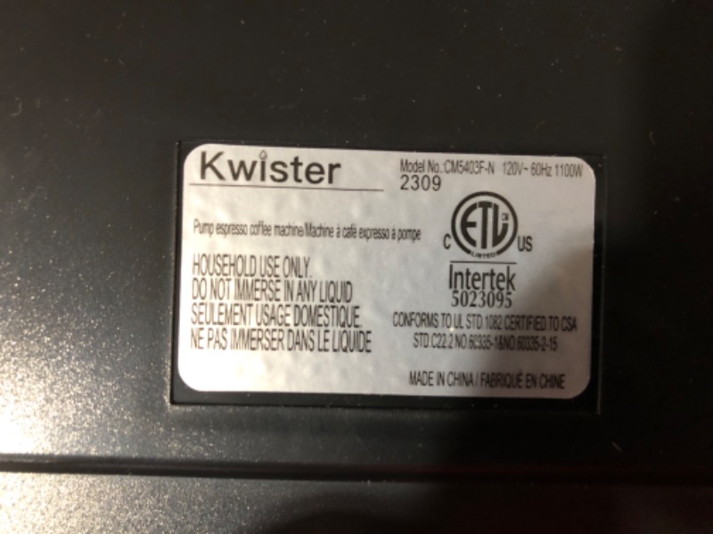 Photo 7 of ***UNTESTED - SEE NOTES***
Kwister Espresso Machine 15 Bar, with 50 oz Water Tank Stainless steel Blk