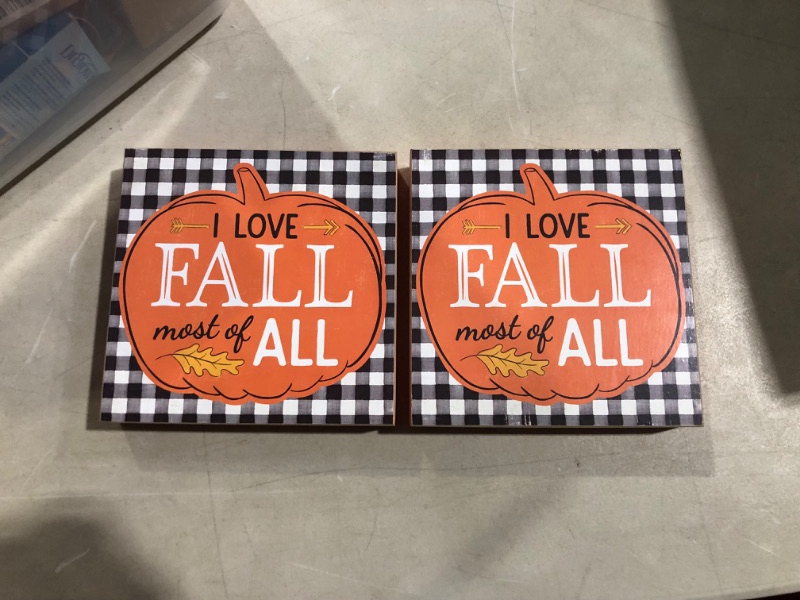 Photo 2 of (Bundle of 2) I Love Fall Most of All Tabletop Buffalo Plaid Sign - 7.5 x 7.5 inch