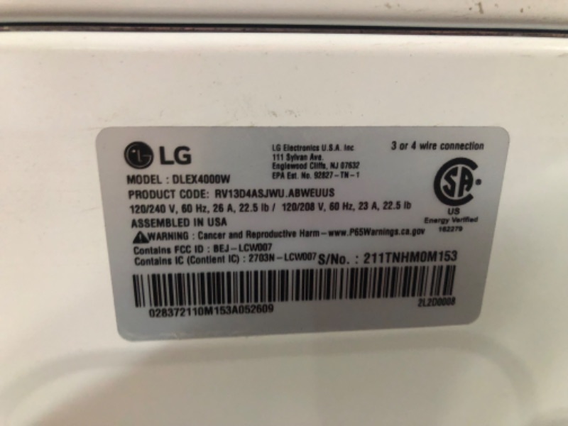 Photo 7 of **MISSING POWER CORD UNABLE TO TEST**  LG 7.4 cu. ft. Ultra Large Capacity Smart wi-fi Enabled Front Load Electric Dryer with TurboSteam™ and Built-In Intelligence