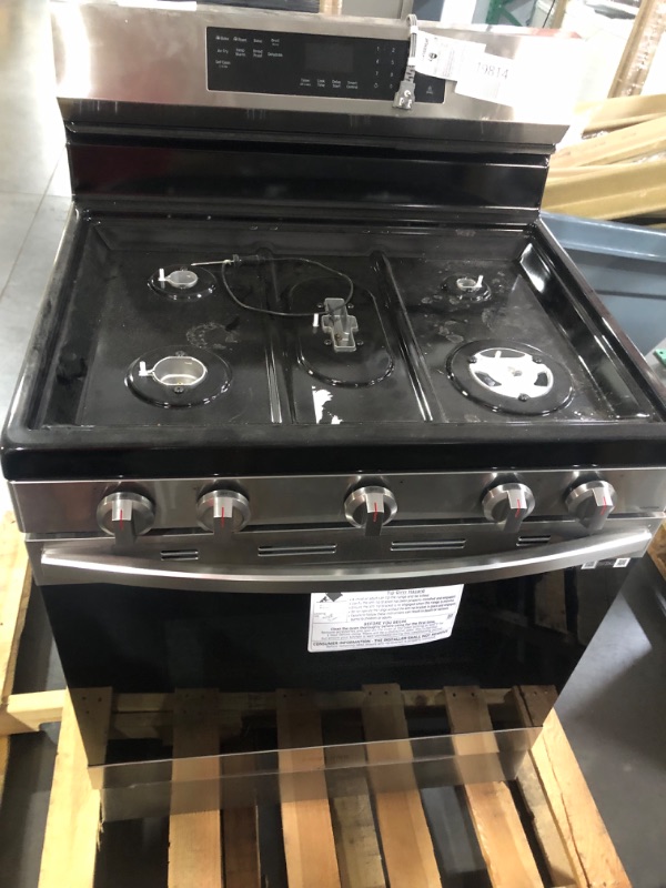 Photo 1 of **MAJOR DAMAGE, PARTS ONLY, SEE NOTES AND PHOTOS** *  Samsung 30-in 5 Burners 6-cu ft Self-cleaning Air Fry Convection Oven Freestanding Smart Natural Gas Range (Fingerprint Resistant Stainless Steel)