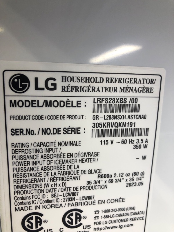 Photo 5 of **USED** TESTED POWER ON LG 28 cu.ft 3 Door French Door, Standard Depth, Ice and Water with Single Ice