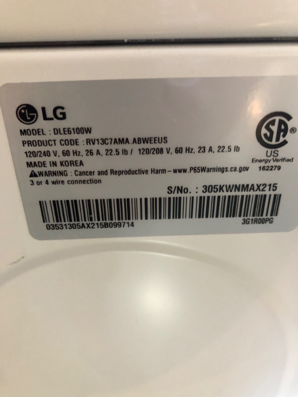 Photo 4 of **USED, UNABLE TO TEST, MISSING POWER CORD**  LG 7.3-cu ft Electric Dryer (White) ENERGY STAR