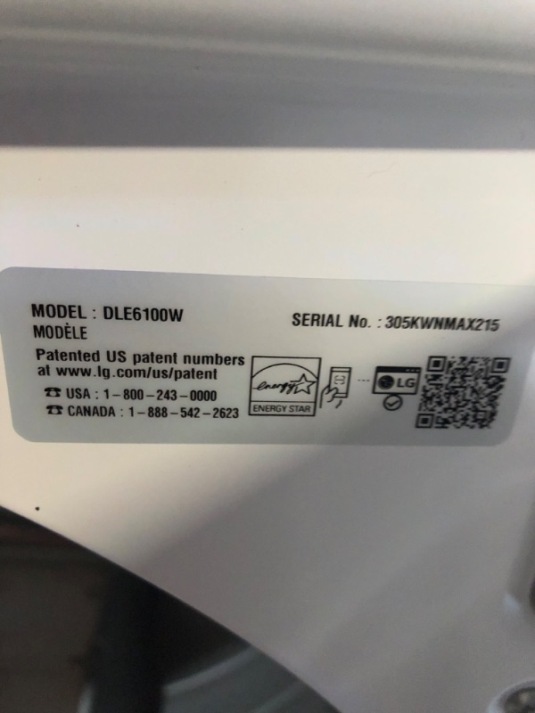 Photo 6 of **USED, UNABLE TO TEST, MISSING POWER CORD**  LG 7.3-cu ft Electric Dryer (White) ENERGY STAR