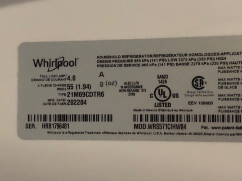 Photo 8 of **DAMAGED POWER CORD**  UNABLE TO TEST  WHIRLPOOL 36-inch Wide Counter Depth Side-by-Side Refrigerator - 21 cu. ft.