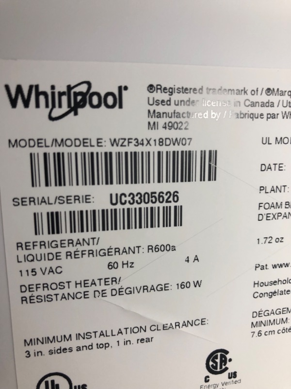 Photo 4 of **USED, TESTED POWERS ON  Whirlpool 17.7-cu ft Frost-free Upright Freezer (White)