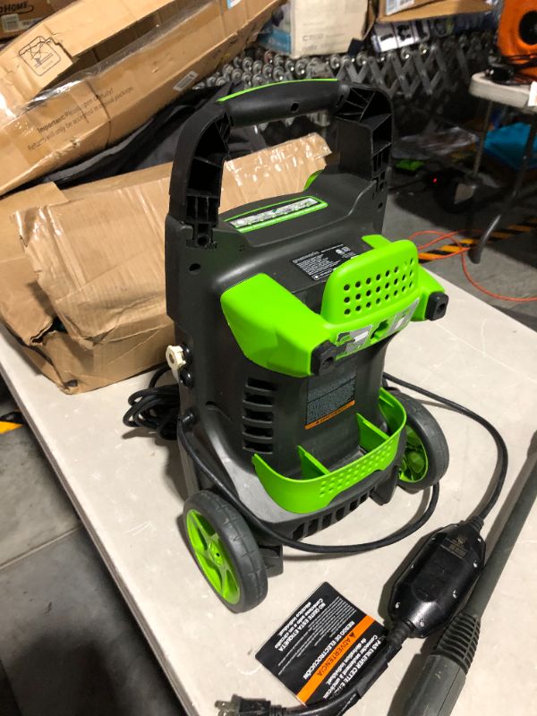 Photo 2 of ***HEAVILY USED - SEE NOTES***
Greenworks 1600 PSI 1.2 GPM Pressure Washer (Upright Hand-Carry) PWMA Certified