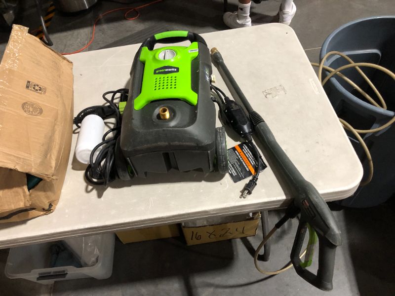 Photo 4 of ***HEAVILY USED - SEE NOTES***
Greenworks 1600 PSI 1.2 GPM Pressure Washer (Upright Hand-Carry) PWMA Certified