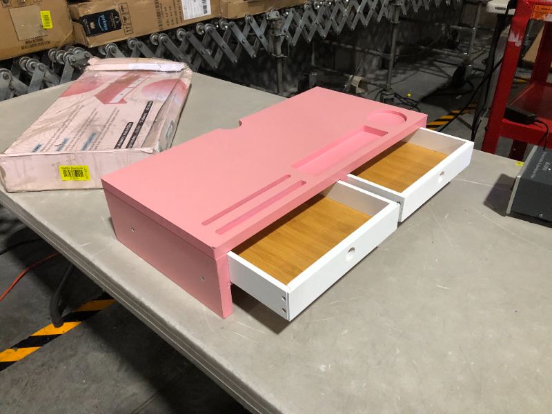 Photo 5 of ***CORNERS DAMAGED - SEE PICTURES***
Monitor Stand Riser with Drawers, Pink/White, 10.7" x 21.4" x 4.8"