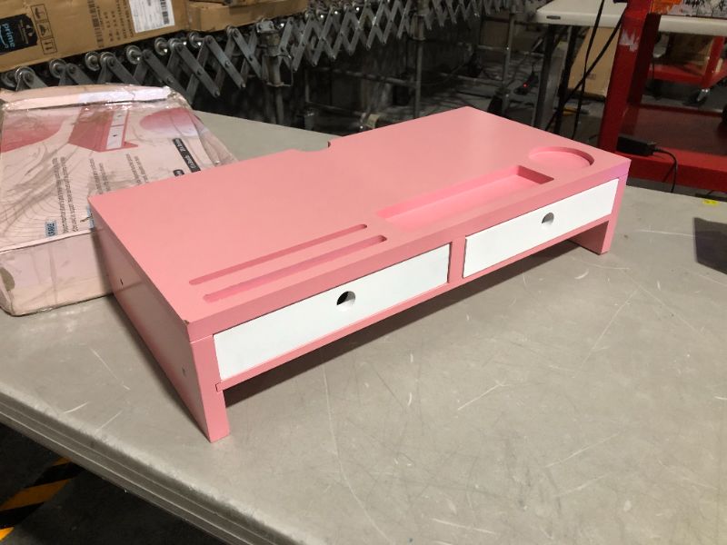 Photo 2 of ***CORNERS DAMAGED - SEE PICTURES***
Monitor Stand Riser with Drawers, Pink/White, 10.7" x 21.4" x 4.8"