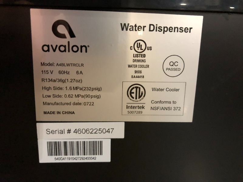 Photo 5 of ***NOT FUNCTIONAL - FOR PARTS - NONREFUNDABLE - SEE NOTES***
Avalon A4BLWTRCLR Water Cooler Dispenser, 3 or 5 gallon bottle, Stainless Steel & Black