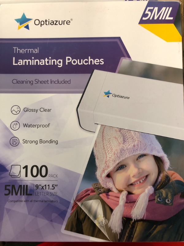 Photo 2 of Optiazure Thermal Laminating Pouches 9"x11.5" Inches, 5mil 100Pack, Clear, Letter Size 5mil 100PK