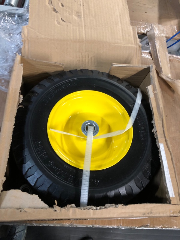 Photo 2 of MaxAuto 2 Pcs 4.10/3.50-6" Flat Free Tire, Hand Truck/All Purpose Utility Tire on Wheel, 3" Centered Hub, 3/4" Bearings, Yellow Steel