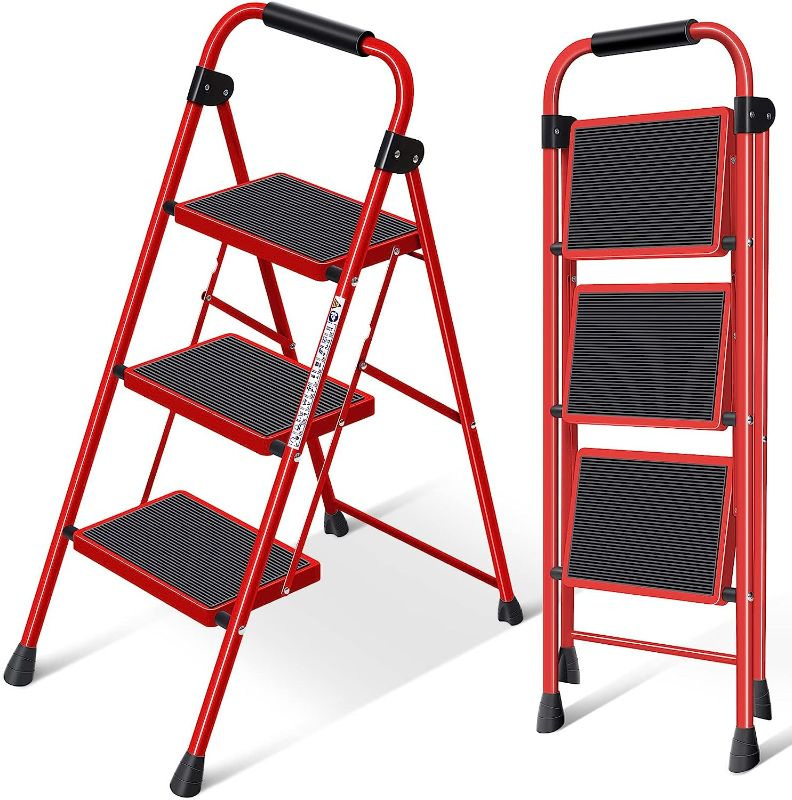 Photo 1 of **SEE NOTES**
3 Step Ladder, Step Ladder 3 Step Folding-3 Step Ladder Folding Step Stool with Anti-Slip Wide Pedal&Convenient Handgrip-600lbs Sturdy Steel Ladder-Reinforcement and Thickening Black Red