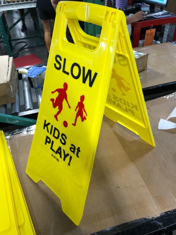 Photo 3 of Slow Kids at Play Signs, Children at Play Safety Signs, Text and Graphics Easier to Identify, Yellow Double Sided Signs 