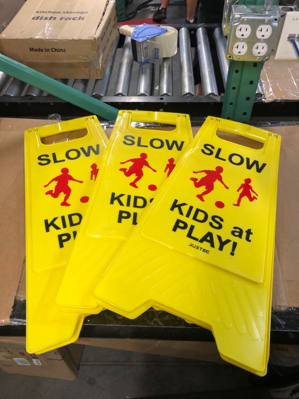 Photo 2 of Slow Kids at Play Signs, Children at Play Safety Signs, Text and Graphics Easier to Identify, Yellow Double Sided Signs 