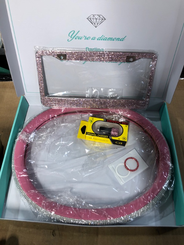 Photo 2 of Bling Car Accessories Set, Pink Bling Steering Wheel Cover License Plate USB Charger