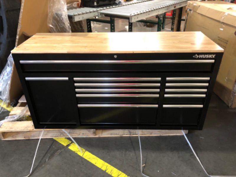 Photo 1 of 62 in. W x 20 in. D 12-Drawer Gloss Black Mobile Workbench Cabinet with Solid Wood Top and Power Drawer