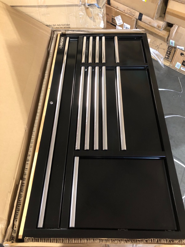 Photo 1 of 62 in. W x 20 in. D 12-Drawer Gloss Black Mobile Workbench Cabinet with Solid Wood Top and Power Drawer