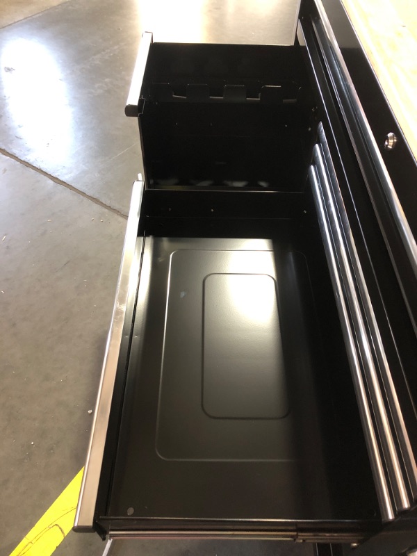 Photo 1 of 62 in. W x 20 in. D 12-Drawer Gloss Black Mobile Workbench Cabinet with Solid Wood Top and Power Drawer