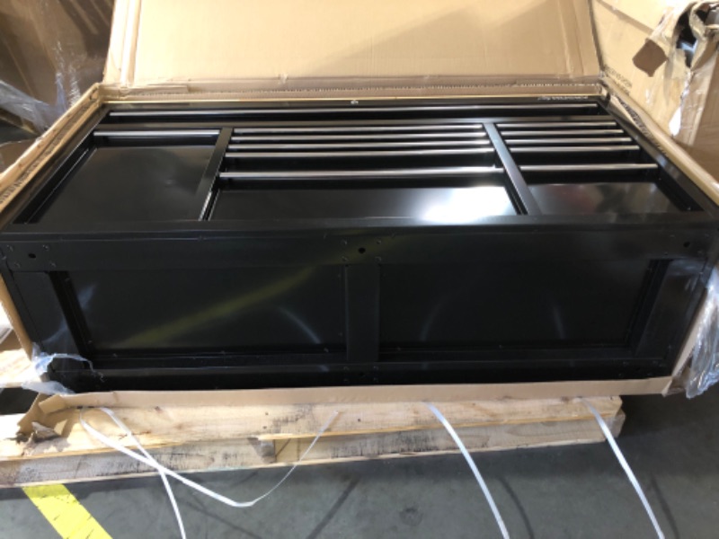 Photo 1 of 62 in. W x 20 in. D 12-Drawer Gloss Black Mobile Workbench Cabinet with Solid Wood Top and Power Drawer