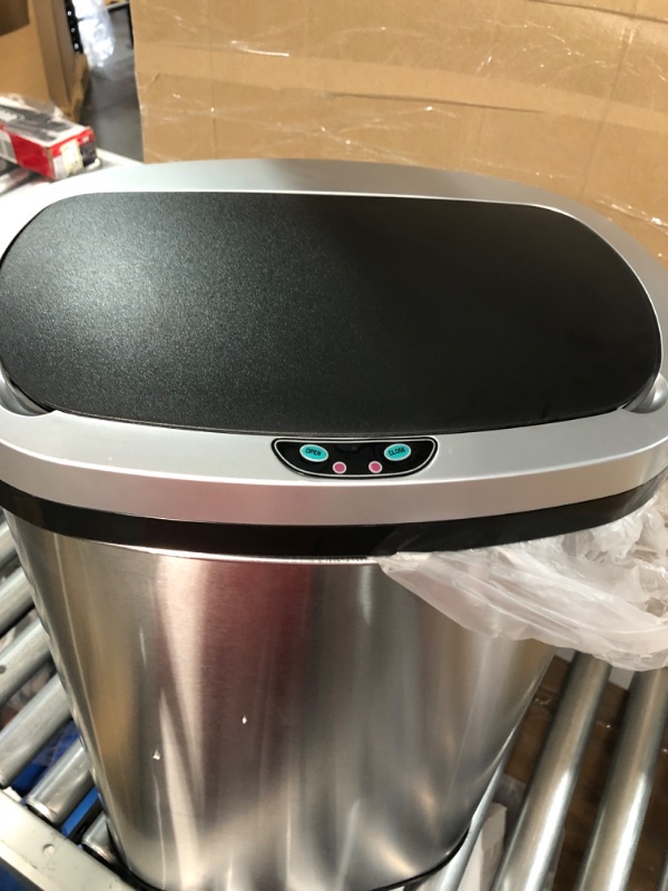 Photo 3 of **SEE NOTES**
Ninestars DZT-50-13 Automatic Touchless Motion Sensor Oval Trash Can with Black Top, 13 gallon/50 L, Stainless Steel