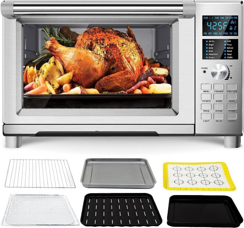 Photo 1 of **DAMAGED**  Limited-time deal: Nuwave Bravo Air Fryer Toaster Oven Combo, 12-in-1 Smart Convection Ovens Countertop 30QT with Integrated Digital Temperature Probe, Tray, Basket, Fry Rack and Recipes 