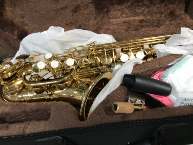 Photo 3 of **SEE NOTES**
EASTROCK Soprano Saxophone Curved Bb Flat Gold Sax Instruments with Carrying Case,Mouthpiece,Pads,Reed,Cleaning kit,neck Strap,White Gloves Curved-Gold