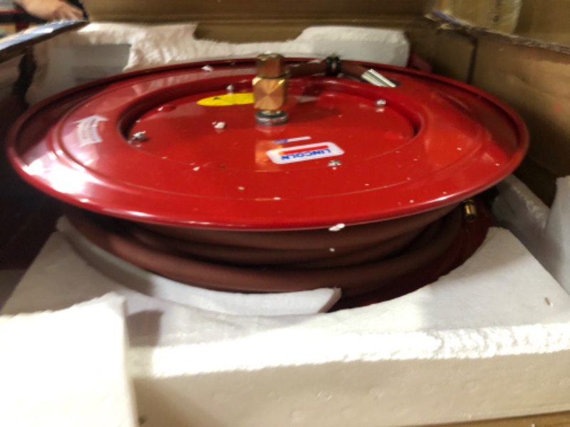 Photo 1 of Lincoln 83753 Value Series Air and Water 50 Foot x 3/8 Inch Retractable Hose Reel, 1/4 Inch NPT Fitting, Slotted Mounting Base, 5-position Adjustable Outlet Arm 1/4" NPT