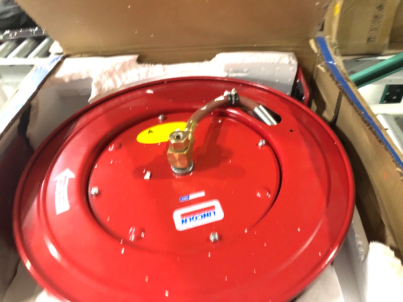 Photo 1 of Lincoln 83753 Value Series Air and Water 50 Foot x 3/8 Inch Retractable Hose Reel, 1/4 Inch NPT Fitting, Slotted Mounting Base, 5-position Adjustable Outlet Arm 1/4" NPT