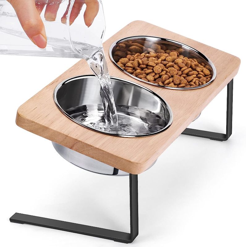 Photo 1 of *STOCK IMAGE FOR REFERENCE*Siooko Elevated Cat Bowls, 15° Tilted Raised Cat Food Bowls Wood Pet Bowls with Stand Anti Vomiting 2 Stainless Steel Bowls for Cats and Puppy