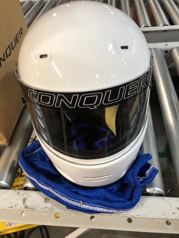 Photo 3 of Conquer Snell SA2020 Full Face Auto Racing Helmet Medium White