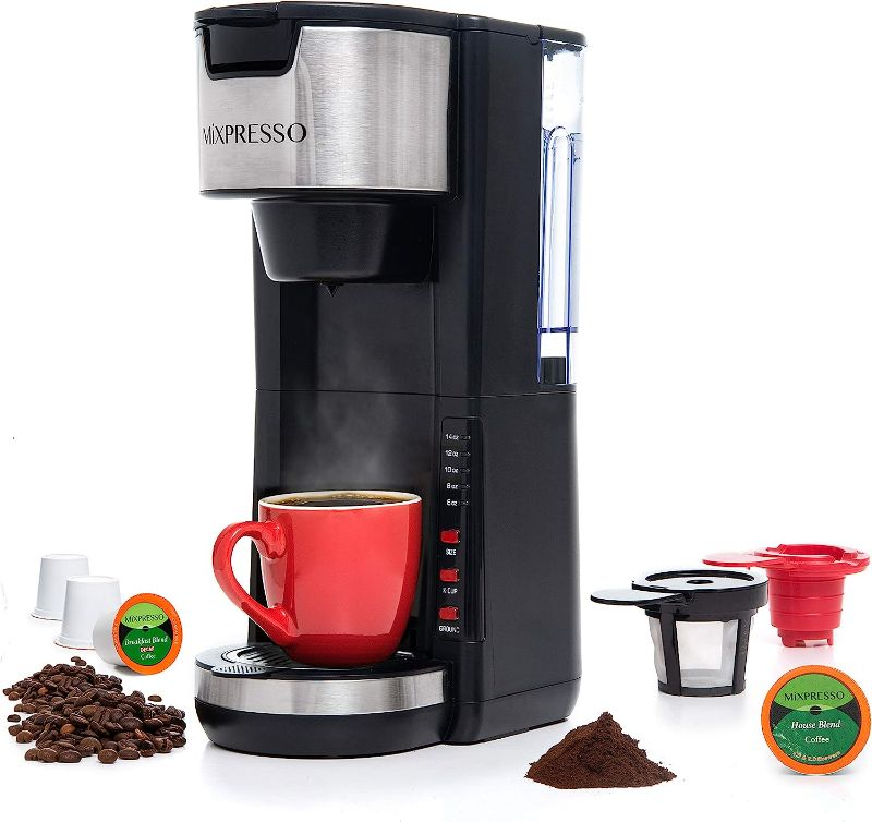 Photo 1 of Mixpresso - Single Serve K-Cup Coffee Maker | With 4 Brew Sizes for 1.0 & 2.0 K-Cup Pods | Removable 45oz Water Tank | Quick Brewing with Auto Shut-Off | Rapid Brew Technology (Dark/Gray)