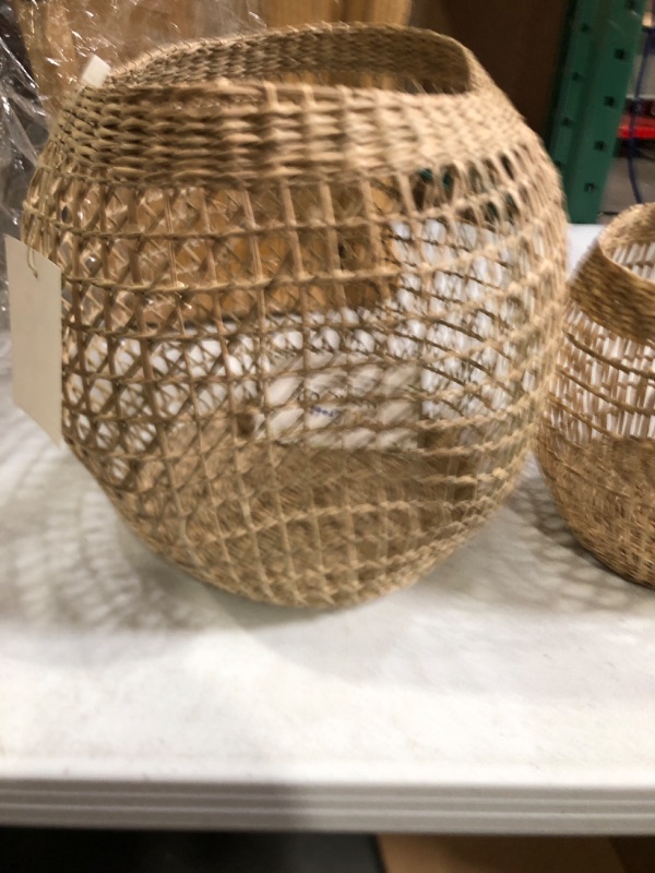 Photo 3 of **** BASKETS ARE BENT***LilaCraft Set 2 Woven Seagrass Lanterns, Boho Wicker Lantern with Round Shape, Decorative Seagrass Candle Holders, Wicker Pendant Light Shade for Kitchen Dinning Room Bedroom