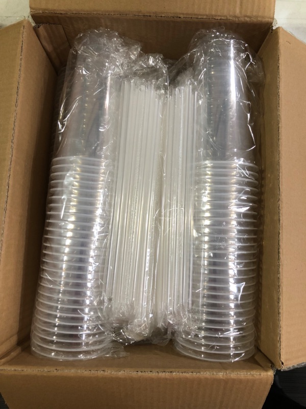 Photo 2 of [100 Sets - 20 oz.] Tankon Disposable Clear Plastic Cups With Lids and Straws