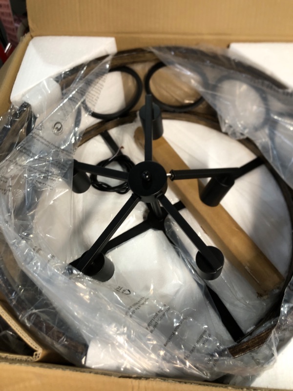Photo 1 of * DAMAGED * 
XINGQI 21.7'' Drum Chandelier, Rustic Pendant Lighting for Living Room, Dining Room, Bedroom, Round Metal Shade with Black + Wood Grain Finish Ceiling Light Fixture, 5 E26 Bulbs(Not Included) Black-5 Light