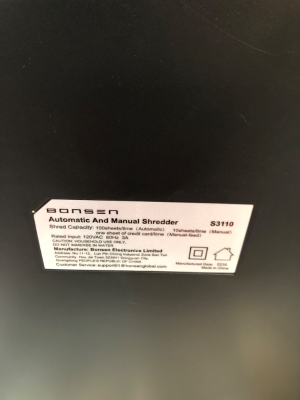 Photo 1 of BONSEN 100-Sheet Auto Feed Paper Shredder High Security Micro Cut Shredders for Home Office Use/ 30 Minutes/ Security Level P-4,6-Gallon Bin (S3110) 100-Sheet Autofeed
