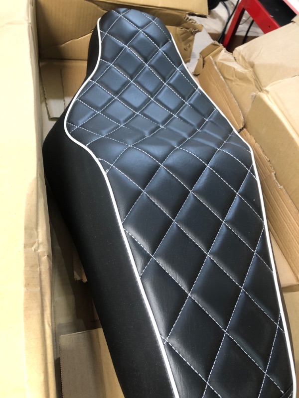 Photo 2 of Black Motorcycle Front Driver Rear Passenger Two Up Leather Seat Cushion for Harley Davidson Sportster Iron 883 SuperLow 1200T XL1200T Black-Rhombus