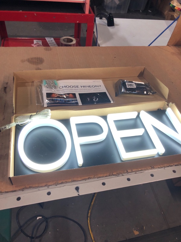 Photo 2 of HiNeon Neon Open Sign 20inx7in LED Open Sign w/Remote Controller, Electric Light Up Open Sign for Business Store, w/Hanging Chain for Shop Windows, Direct Plug-In w/ 12V Power Adapter, White